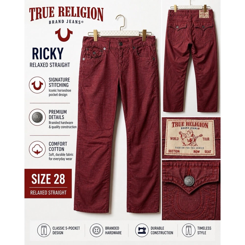 True Religion Ricky Jeans Red Relaxed Straight Men's Size 28